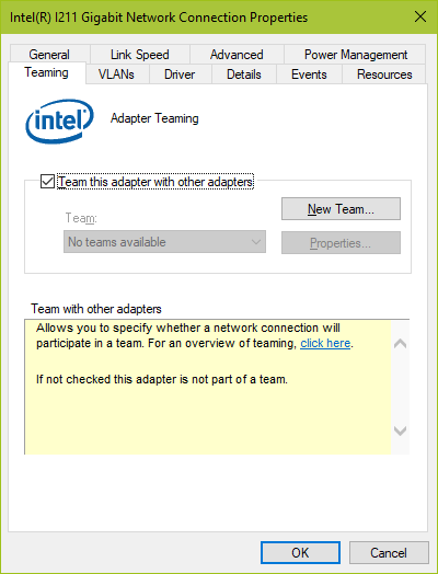 Network Connection Properties teaming tab